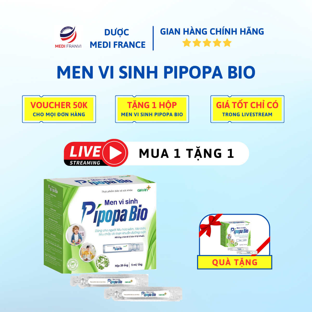 [MUA 1 TẶNG 1] Mua Men Vi Sinh Pipopa Bio 20 Ống Tặng 1 Hộp Men Vi Sinh Pipopa Bio 20 Ống