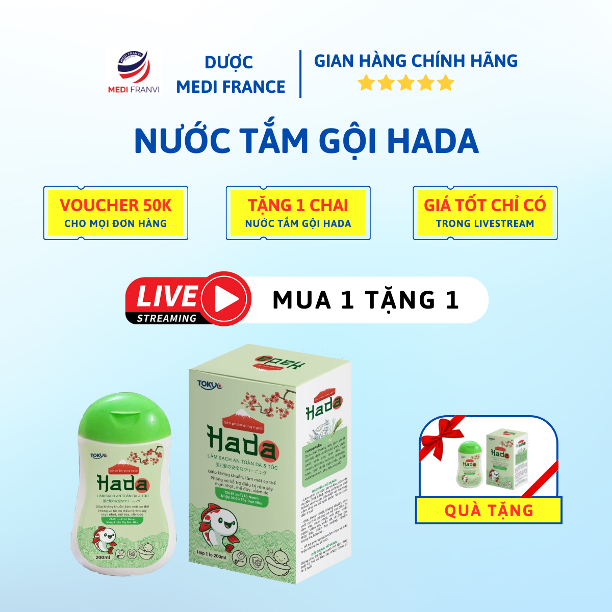 [MUA 1 TẶNG 1] Mua Nước Tắm Gội Thảo Dược Hada 200ml Tặng 1 Chai Nước Tắm Gội Thảo Dược Hada 200ml