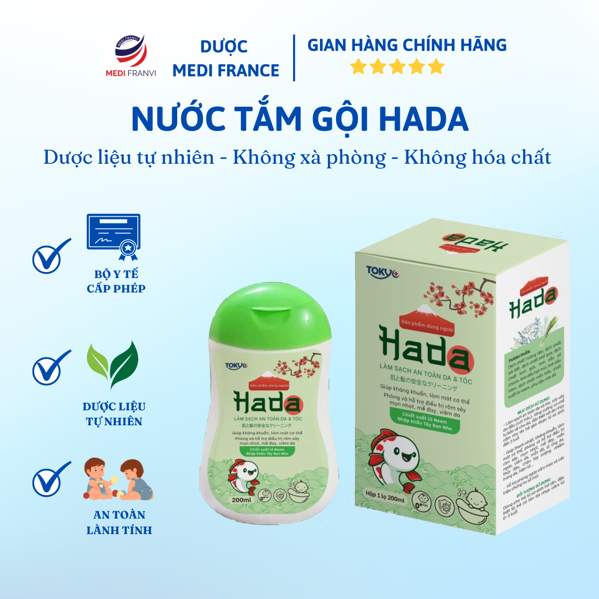 Nước tắm gội thảo dược Hada Giúp Giảm Rôm Sảy, Mụn Nhọt, Mẩn Ngứa, Hăm Da Cho Bé (0-3 Tuổi)