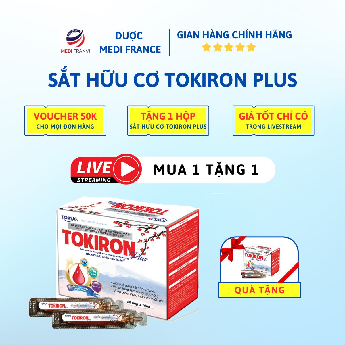 [MUA 1 TẶNG 1] Mua Sắt Hữu Cơ Tokiron Plus 20 Ống Tặng 1 Hộp Sắt Hữu Cơ Tokiron Plus 20 Ống