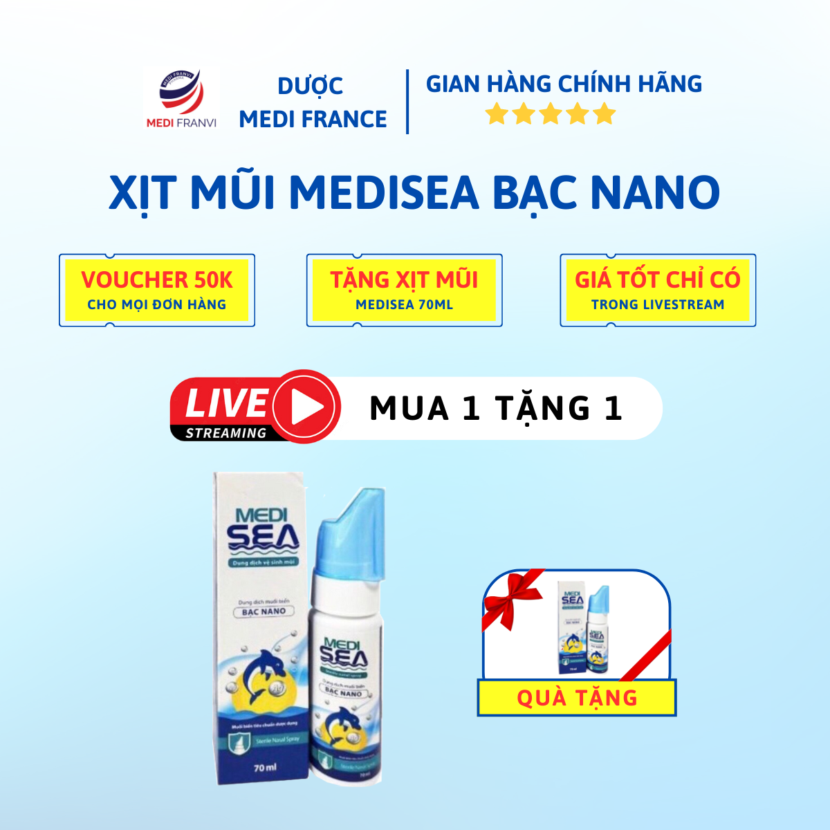 [MUA 1 TẶNG 1] Mua Dung dịch vệ sinh mũi Bạc nano MediSea 70ml Tặng Dung dịch vệ sinh mũi Bạc nano MediSea 70ml