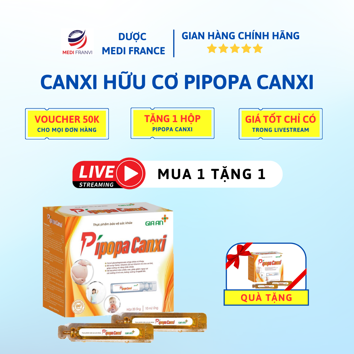 [MUA 1 TẶNG 1] Mua Canxi Hữu Cơ Pipopa Canxi Hộp 20 Ống Tặng 1 Hộp Pipopa Canxi Hộp 20 Ống