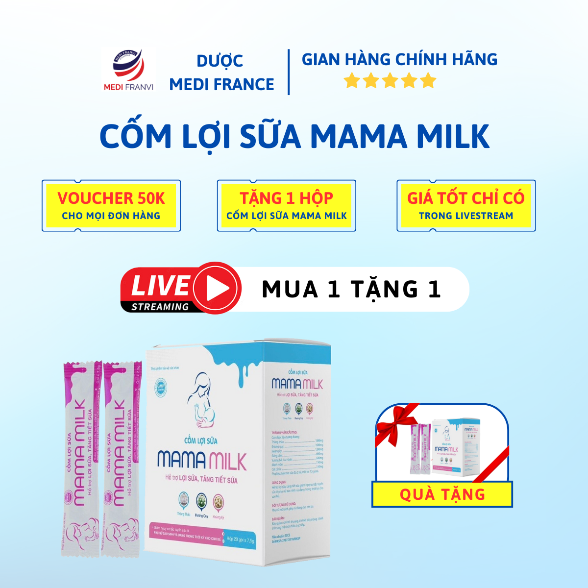 [MUA 1 TẶNG 1] Mua Cốm Lợi Sữa Mama Milk 20 Gói Tặng 1 Hộp Cốm Lợi Sữa Mama Milk 20 Gói